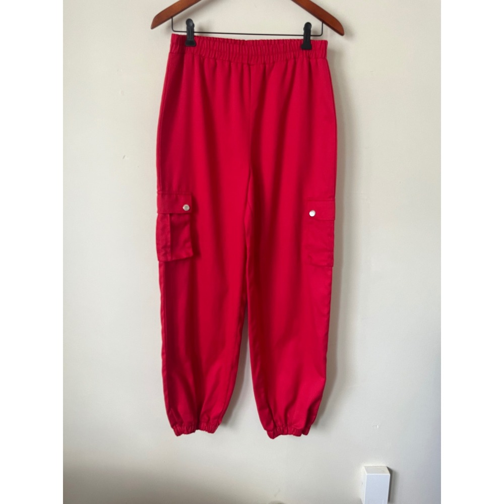 PrettyLittleThing Red Cargo Joggers Elastic Waist Utility Pants Womens Size 4 - Picture 7 of 7